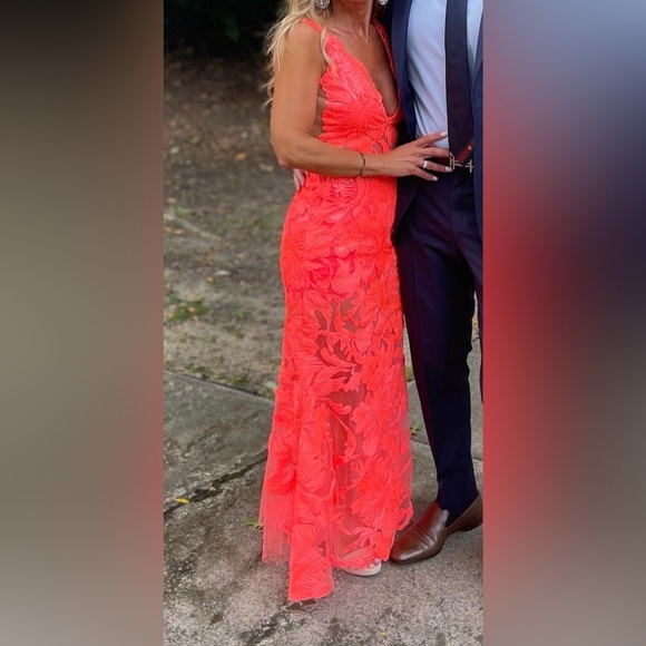 Jovani size 2 neon coral lace gown - Picture 2 of 2